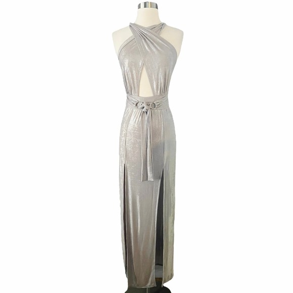 T. ZOVICH Maxi Dress Slinky Metallic Silver Multiway Halter Open Back Slits S/M - Picture 10 of 10